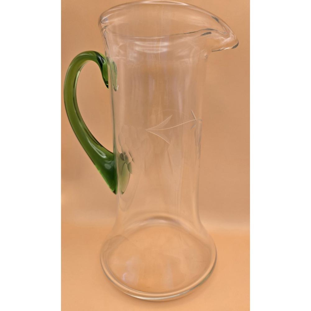1930's French Pitcher Art Deco  Etched Grape Motifs, Green Handle 1 liter (#19)